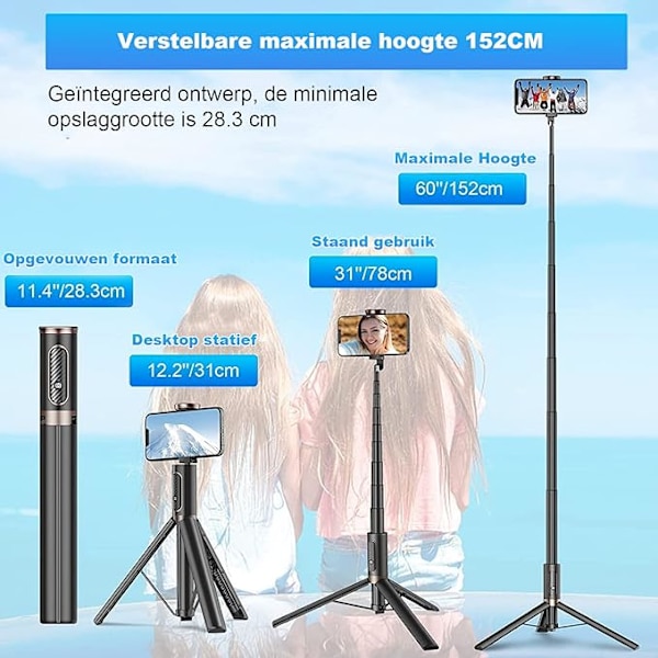 152 cm Mobiltelefon Selfie Stick, Utvidbar Stativ, Roterbar, Fl
