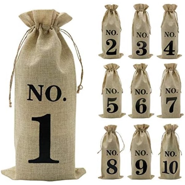 10 st Jutevinsäckar, 15x35cm Hessiansäckar Numrerade Vinflaska Presentpåsar med dragsko för blind vinprovning (Brun)