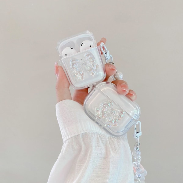 1 stk. etui til AirPods 4 med nøkkelring, støtsikker myk klar søt 3D Crysta Bowknot-design deksel med bling hjerteperler