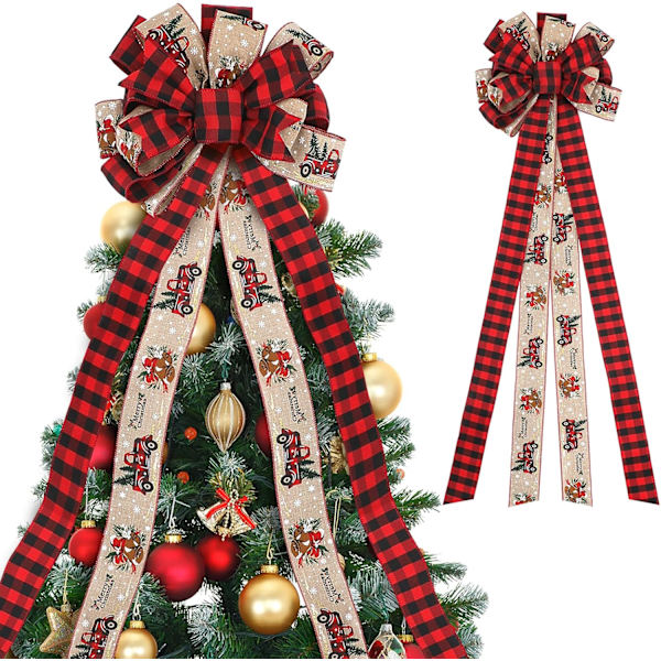 30×29×4cm Joulukuusen Huippu, 57x 13 Tuuman Käsintehty Buffalo Plaid Joulukoristeet, Punainen Musta Joulujousi Yläosa