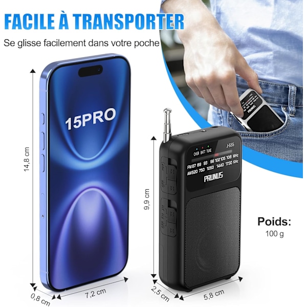 kpl Musta Pieni Kannettava Radio, Tasku FM Radio Ladattavalla 800mAh Akulla, Erinomainen Vastaanotto, Transistori Paristoradio Ihanteellinen Kävelyyn ja