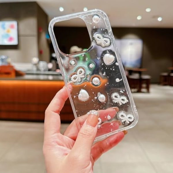 Søt 3D Perle Buesløyfe Hjerte med Design Estetisk Kvinne Telefonveske for Jenter, Glitter Glimmer Bakside Støtsikker Myk TPU