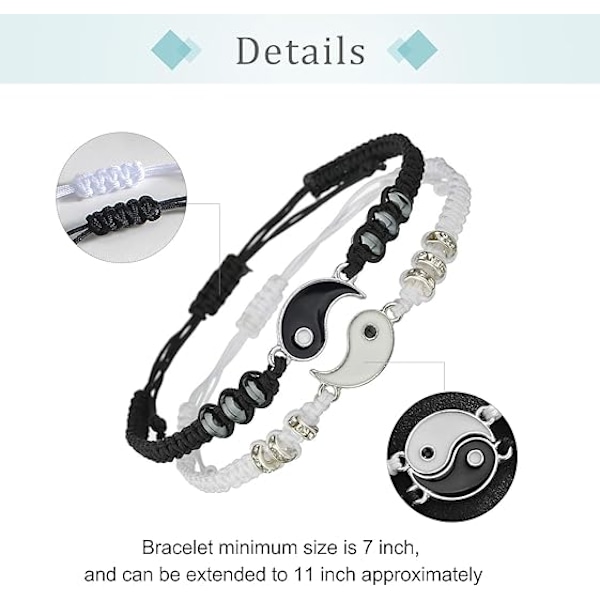 (Sølv Tai Chi) Armbånd 2 Stykker Matchende Yin Yang Justerbar Tau Armbånd Egnet for Par F