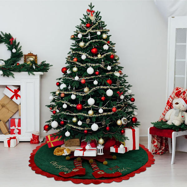 1 st Elf Julgransskjort 36 Tum Sammet Julgransskjort med Godisrandiga Ben Röd och Grön Trädmatta Jul