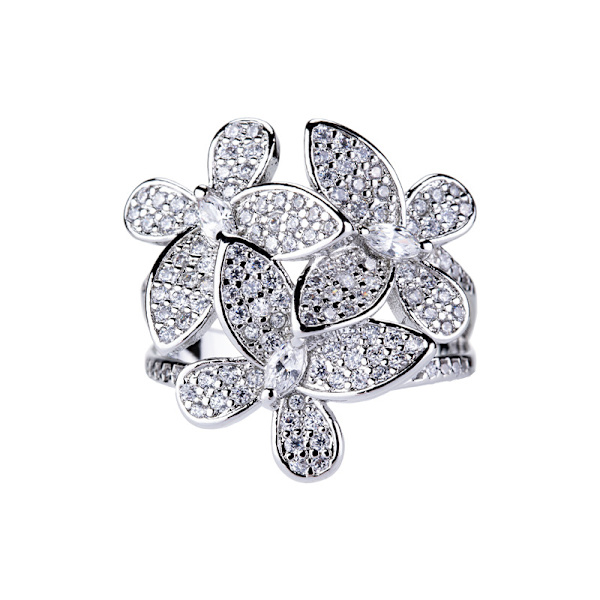 Tre sommerfugler blomsterring for kvinner jenter delikat rhinestone krystall sommerfugl åpen statemen 52mm