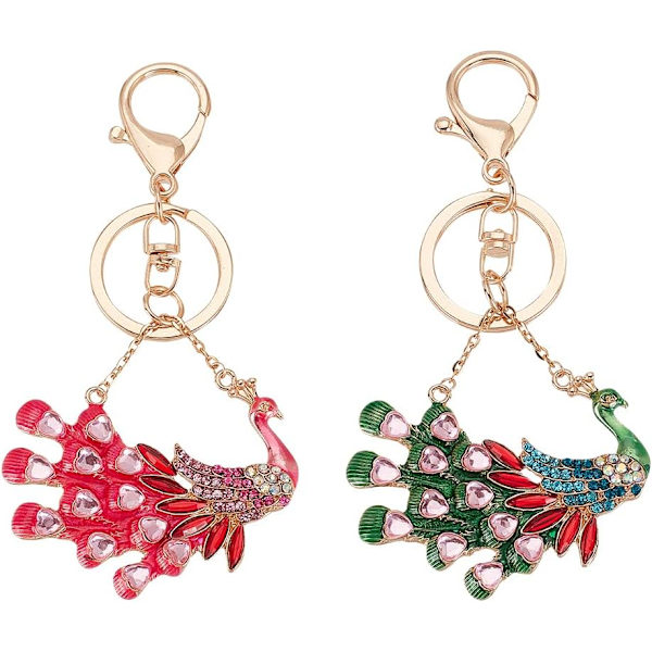 2 stk. Påfugl nøglering legering emalje nøglering funklende rhinestone nøglering påfugl vedhæng krystal ke