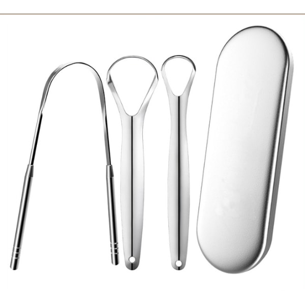 3 Stainless Steel Tongue Scrapers with Iron Storage Box, Oral Ton