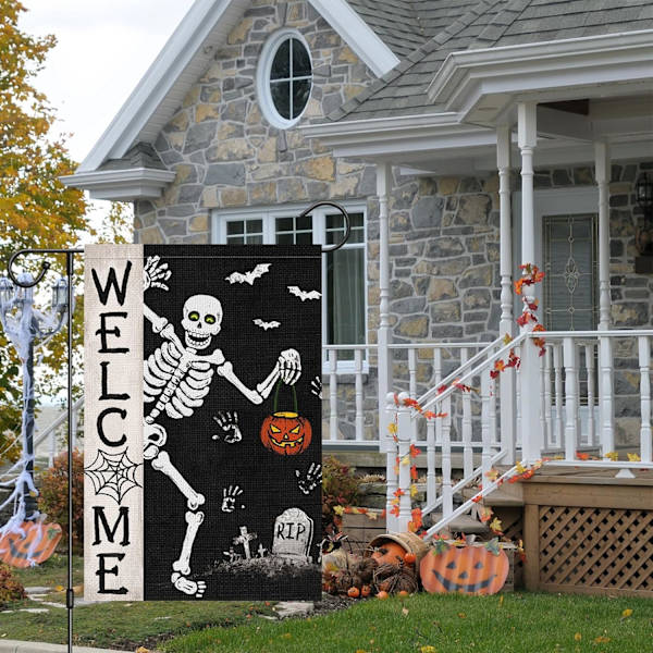 1 st Halloween-flagga med dödskalle för trädgården 12x18 dubbelsidig, säckväv, liten, läskig, välkommen, pumpa, fladdermus, trädgård, hus, fla