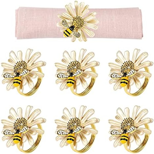 Daisy Sunflower Servettringar Set om 6, Guld Bi Servettringshållare för Formell eller Avslappnad Matbord Dekoration