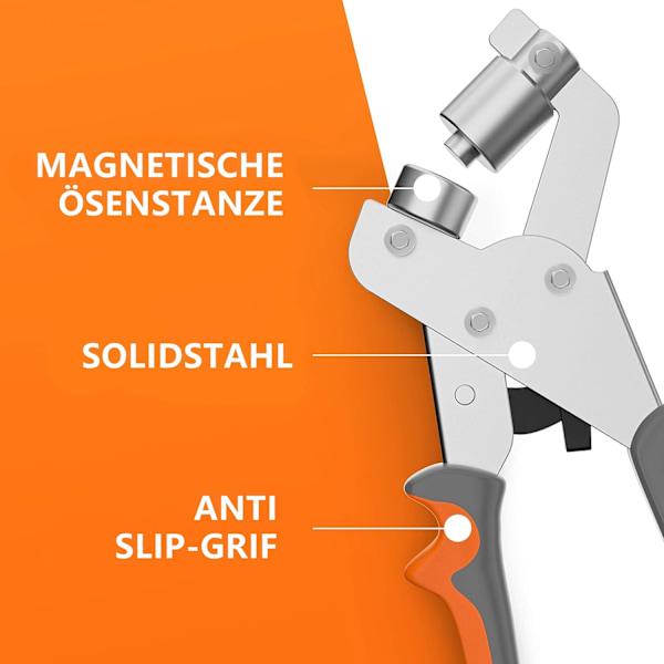 1 stk. Øjetang til presenninger og tekstiler - Professionel øjetang med 100 øjer (Ø 10 mm), magnetisk øjepunser i kulstofstål for perfekt E