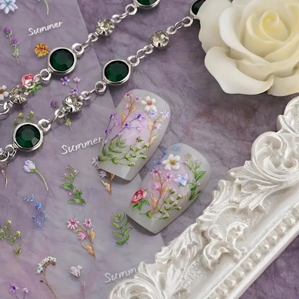 12cm Blomsternageldekaler för Nagelkonst - Blommor Nagelkonstdekaler Sommar Blommig Blad Växt 5D Präglade Nageldekaler Självhäftande Nageltillbehör Manikyr