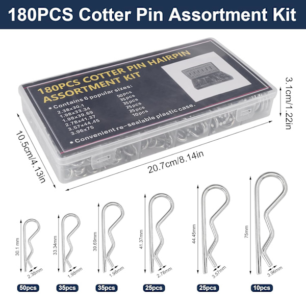 (2-4mm) 150 st. Splintstift R-klipp 6 storlekar, Rostfritt stål Beta-stift, Fjäderstift-sortiment, Låsningsstift, För bilar, Mekanik