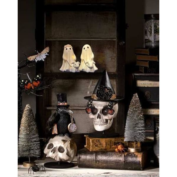 Varm Ljussatt Halloween Spöke Hund Staty Spöke med Hund Nattlampa Söt Spöke och Hund Festdekorationer för Halloween