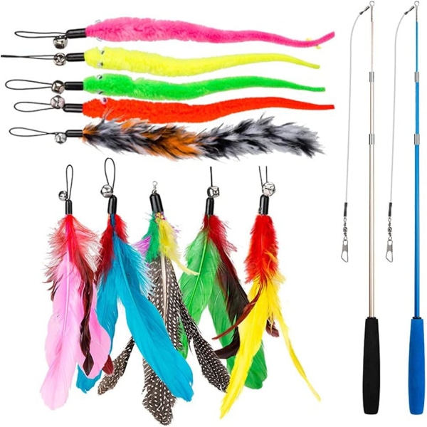 12 PCS Cat Feather Toy, Stick Toy Cat Fishing Rod with 2 PCS Inte