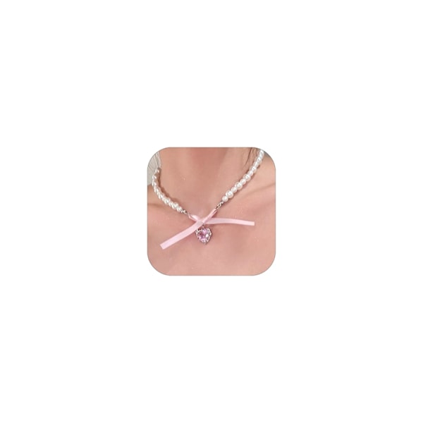 (Rosa) Perlehjerte Halskjede Rosa Sløyfe Choker Halskjede Boho Hjerte Halskjede for Kvinner Trendy Ting Hjerte Halskjeder for Tenåringer