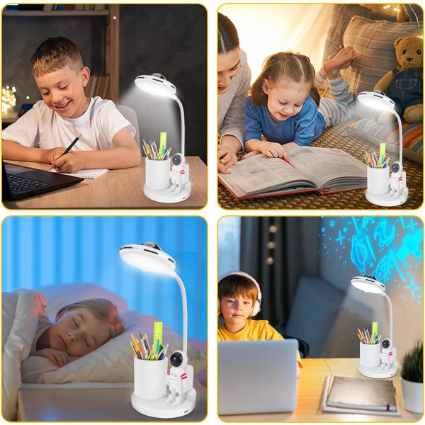 Skrivebordslampe, dimbar trådløs bordlampe, oppladbar skrivebordslampe med projeksjon og pennholder, LED