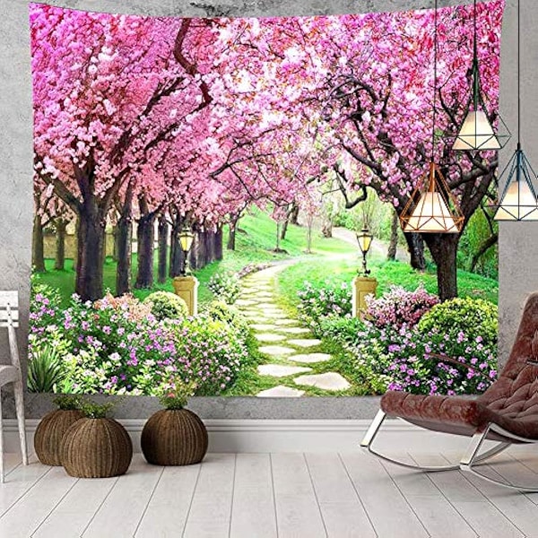 100x75cm Treblomsterveggteppe Skogsti Rød Kirsebærblomst Veggdekorasjon Teppet for Soverom Stue Sovesal