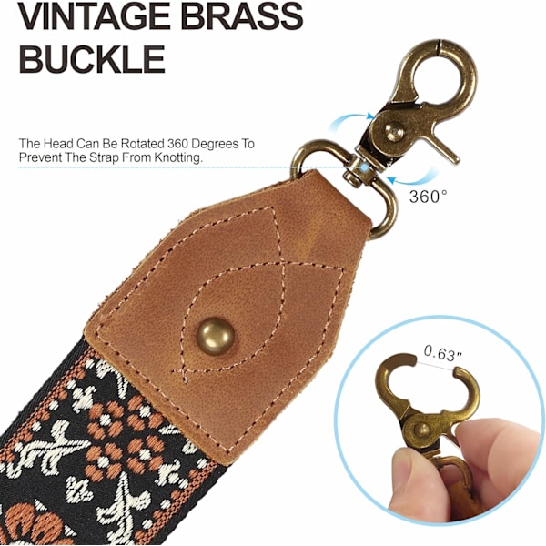 Brun blomster Taske Rem, 2\" Crazy Horse Læder End Skulderrem Justerbar Udskiftning, Retro Jacquard Broderi Mul