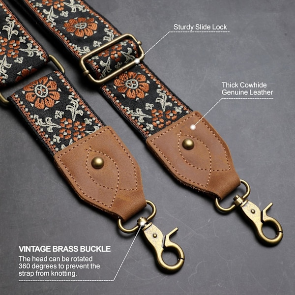 (Brun blomma) Väskrem, 2\" Crazy Horse Läder Ändar Axelrem Justerbar Ersättning, Retro Jacquard Broderi Multi-mönstrad Crossbody Väska Rem
