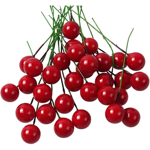 1×6×1cm 200 st konstgjorda julbär Holly Berries Skumtrådkula Röd kula + Grön stjälk Kranstillverkning Festtillbehör