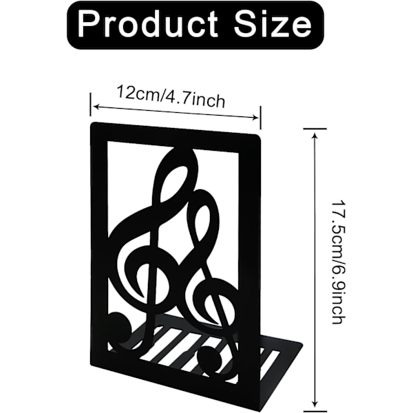 Par Bokstöd i Svart Metall med Noter, Musikalisk Melodi, Halksäkra Bokstöd i Järn, Skrivbordsarrangör för Barn, Vågen