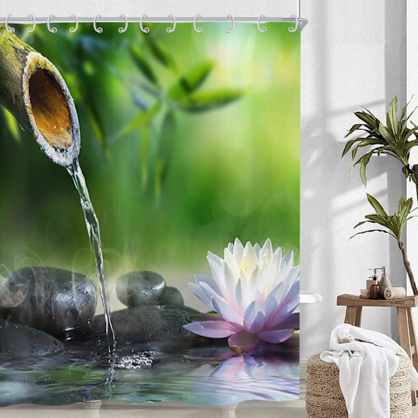 Zen Have Bruseforhæng 120x180, Grøn Bambus Sort Sten Hvid Blomst Badeforhæng Japansk Meditation Afslapning Vandtæt Stof Vaskbart Bade C
