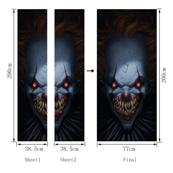 Halloween 3D pelottava haamuhammas klovni ovi tarrat, 30x80 tuumaa haamuhammas klovni realistinen ovi seinä