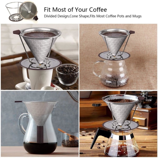 Kaffe Filter, Permanent Kaffe Filter Papirløs Rustfrit Stål Kaffe Filter med Dobbelt Rustfrit