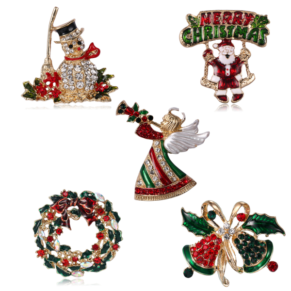 5 Pieces Christmas Brooch Pin Set with Rhinestones for Women（A）,