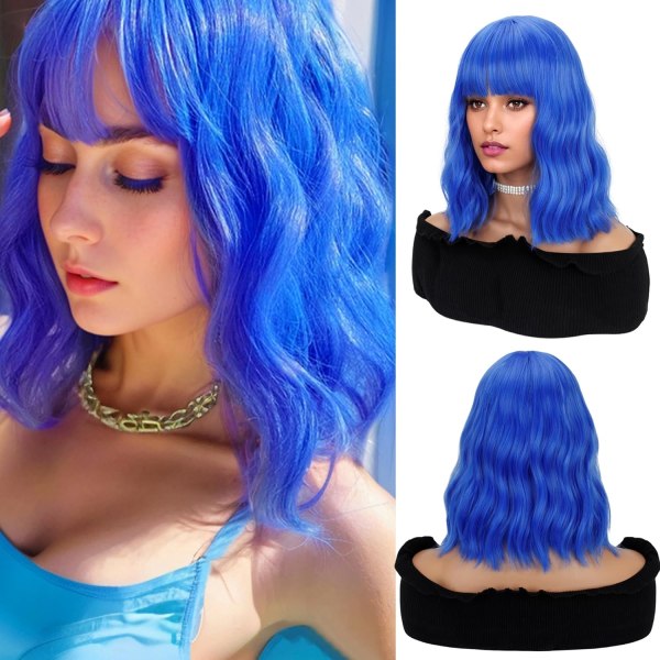 (14",Blue)Natural Wavy Wig With Air Bangs Short Bob Wigs Women's