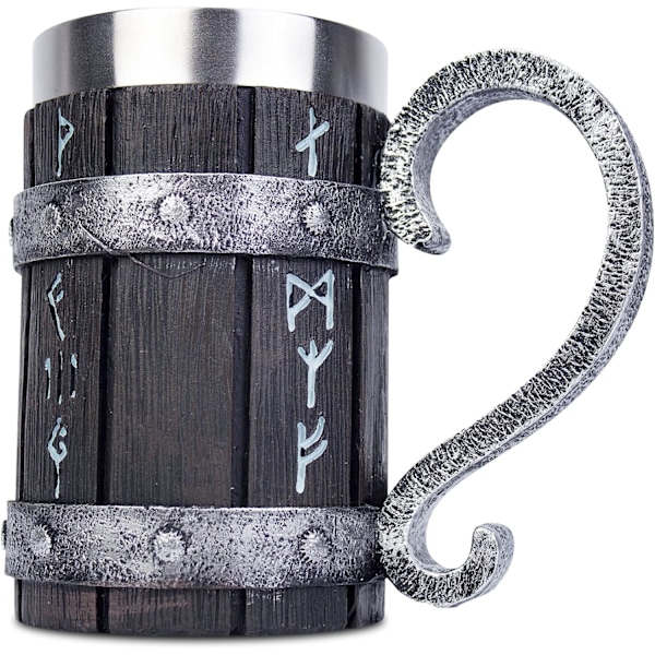 Nordisk Viking Rune Ølkrus Rustfritt Stål Tretjære 3D Norrønt Dekor Kaffe Kjølig Gå