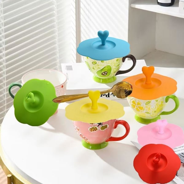 6 st Silikonmugghuvud, Färgglada 4 tum Blomformade Mugglock Med Hjärtformad Skedhållare Universal Mugghuvud Flexibla