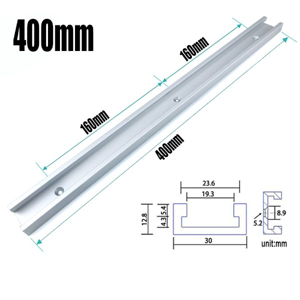 T-kisko pöytäsahaa varten - hopea, reititin ja puuntyöstötyökalut 400mmx30x12.8mm