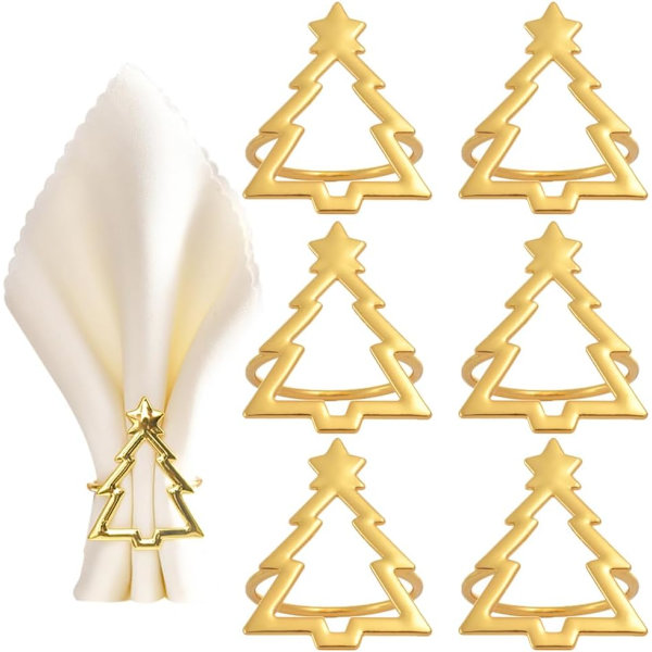 Sæt med 6 Guld Servietringe Juletræ til Julemiddagsbord, Bryllup, Thanksgiving, Fest, Hjemmesæt
