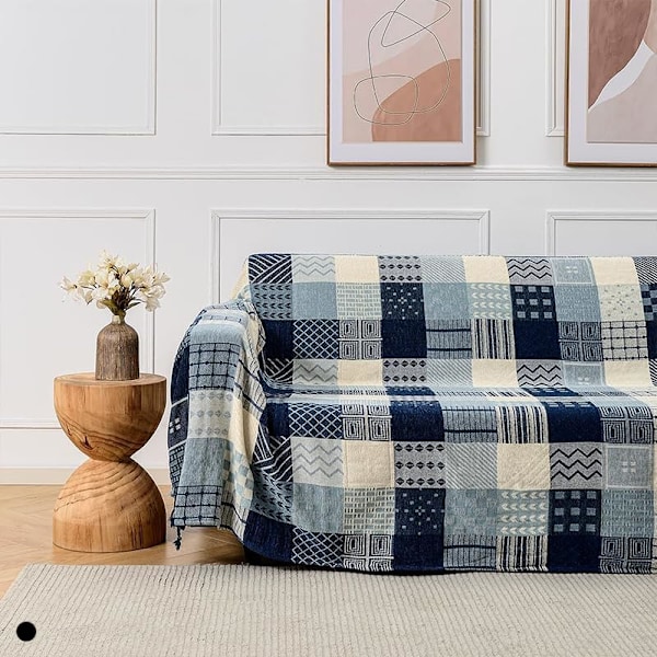150x190cm Bohemisk Tribal Pläd, Vändbar Färgglad Röd Blå Boho Hippie Chenille Jacquard Tyg Plädöverdrag