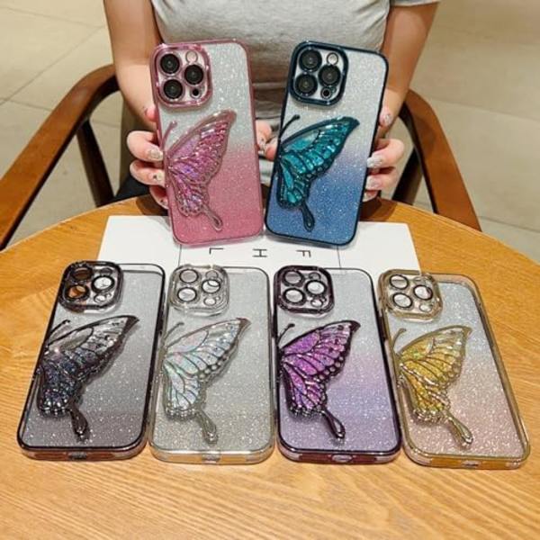 Etui for kvinner/jenter, Gradient Glitter Butterfly Quicksand Plating Klar Telefonveske for iPhone Kompatibel med iPhone 15 Pro Max