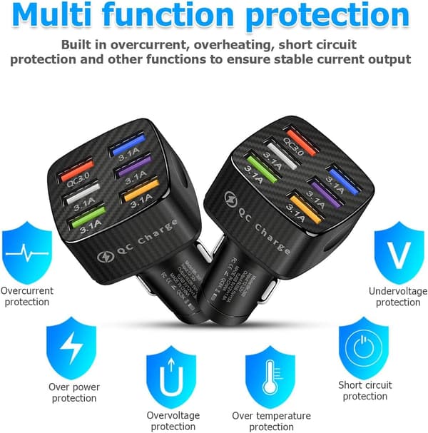 Multi-USB Biloplader, Hurtig Opladning 3.0 Cigarettænderadapter, 6-Port Multi-Beskyttelse Biloplader (Sort)