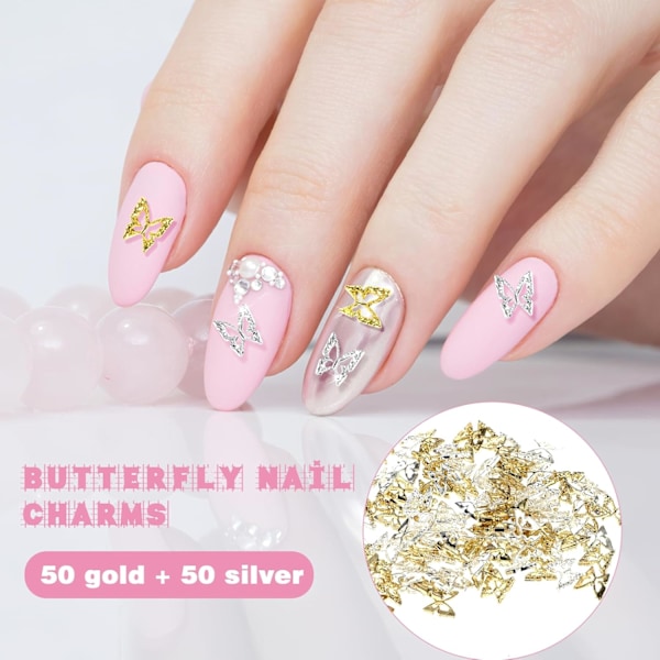 100 stk sommerfugl negl charms 3D negl charms sommerfugler form negl perler sommerfugl dekorasjon Silver+Glod