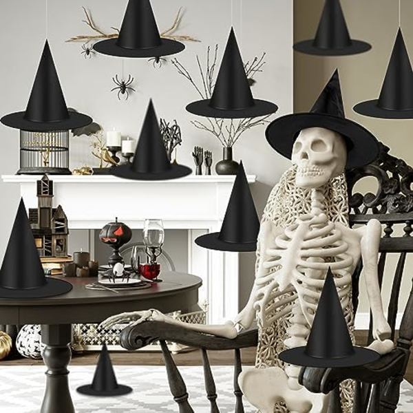 12 kpl Halloween Musta Noitakypärä Koristeet, Paksuuntuneet Riippuvat Noitakypärät Irtotavarana Pukuvaruste, Leijuva Noitakypärä w