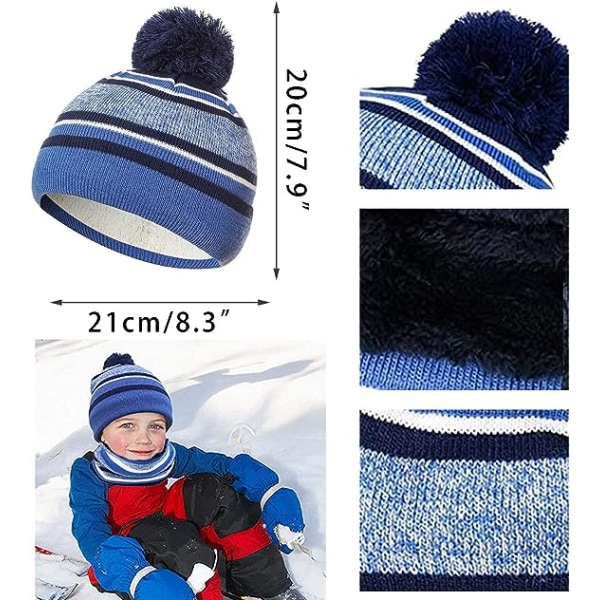 (Blå) 3 i 1 Varm Lue Sjal Hansker Sett for Barn Vinter Tykk Strik Fleece Pompom Hatter med Halstørkle Sjal Hansker Gutter Jenter 3-8 År Gamle