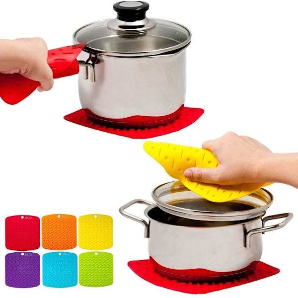 6 kpl Trivet-sarjaa, uunipihdit, lusikka-teline ja valkosipuli-kuorimaveitsi - monikäyttöinen keittiötyökalu. Astianpesukoneen kestävä, kestävä, punainen/vihreä/sininen