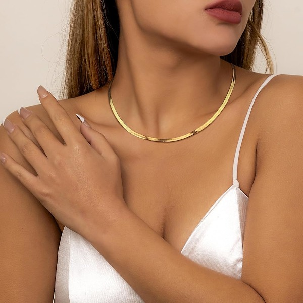 Gul Halsband Ormkedja 14K Guldförgylld för Kvinnor Gul Halsband Fisksbensmönster Rostfritt Stål Smycken Justerbar Kvinnor N