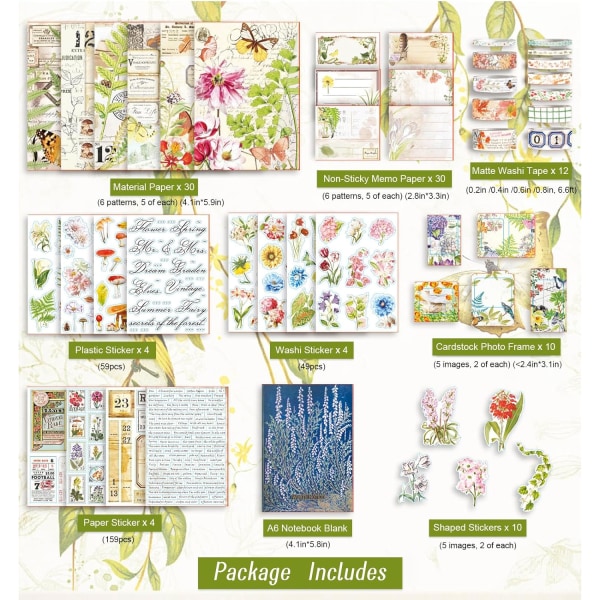 Plant Scrapbooking Kit, Junk Journal Kit med Washi Tape, Stickers, A6 Notebook, Botanical Bullet Jo