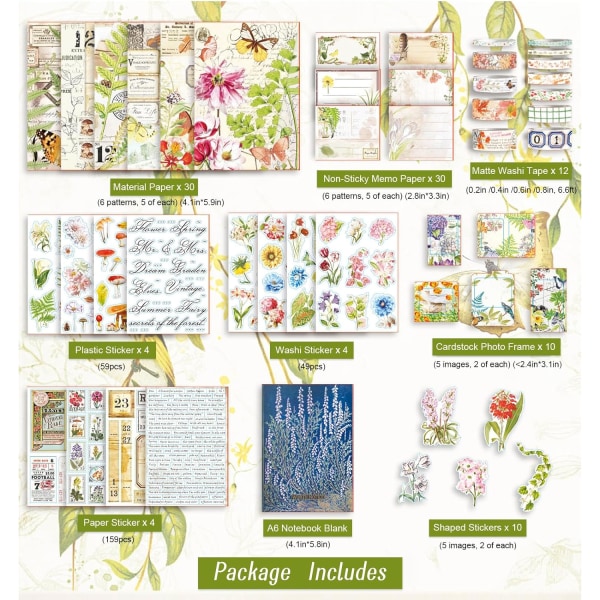 Plante Scrapbooking Kit, Junk Journal Kit med Washi Tape, Stickers, A6 Notebook, Botanisk Bullet Jo