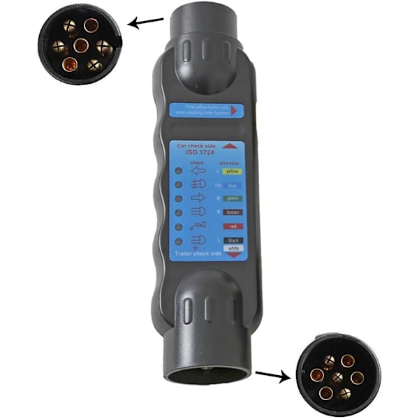 (7-pins tester) 7-pins tilhenger tester, 12V 7-pins hann tilhengerkontakt tester, tilhengerkontakt tester lys ledningsnett kretsdiagram