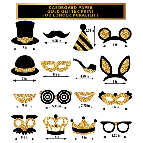 16 Pcs Gold Party Photobooth Props Mix of Hats, Wine Glass,