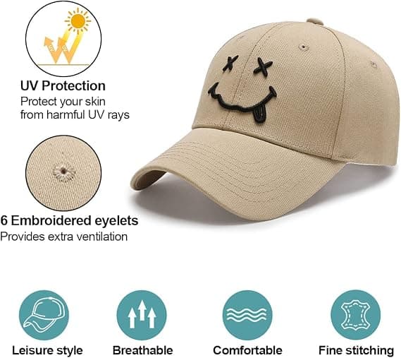 Khaki Baseball Cap, Bomulds Anti-Sol Baseball Cap med Broderet