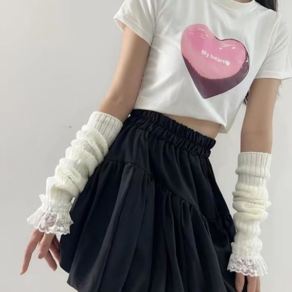 1 Par Dam- & Tonårs-Stickade Spetsärmvärmare Japansk Harajuke Cosplay Lolita Söta Stickade Fingervantar