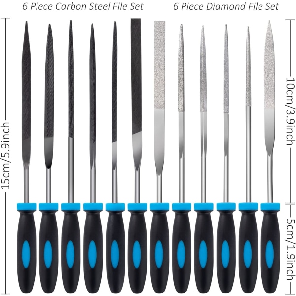 Kolstål/diamantfilar och raspar 13PCS, 150mm platta/runda/halvrunda/triangulära/nålfilar för