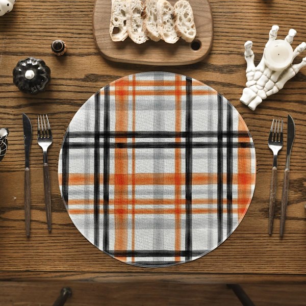 Sæt med 4 Orange Sort Buffalo Plaid Halloween Runde Placemats, 15 Tommer Efterårs Runde Bordmåtter til Spisedekoration
